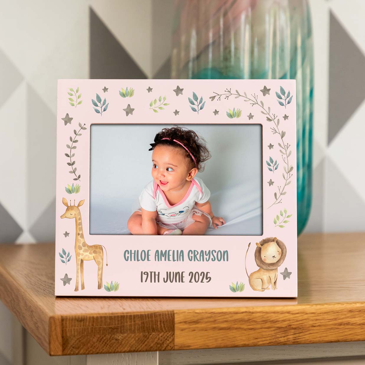 Personalised Jungle Animals Pastel Photo Frame New Baby Gift