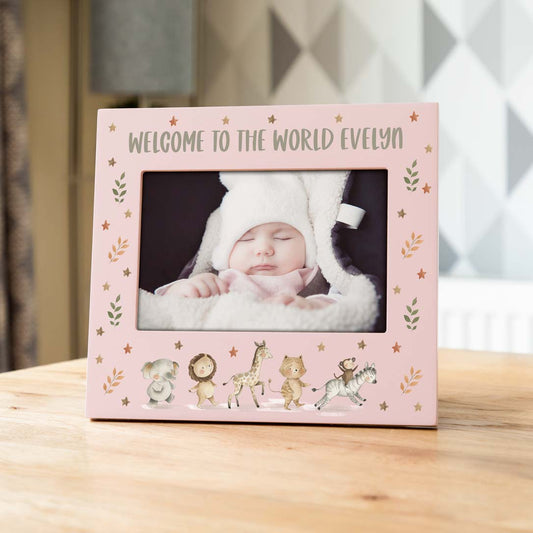 Personalised Safari Animals Pastel Photo Frame New Baby Gift