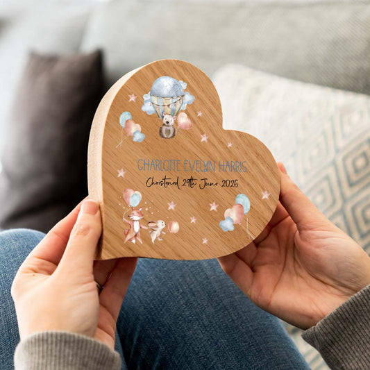 Personalised Oak Heart With Woodland Animals For Christening Baptism Gift