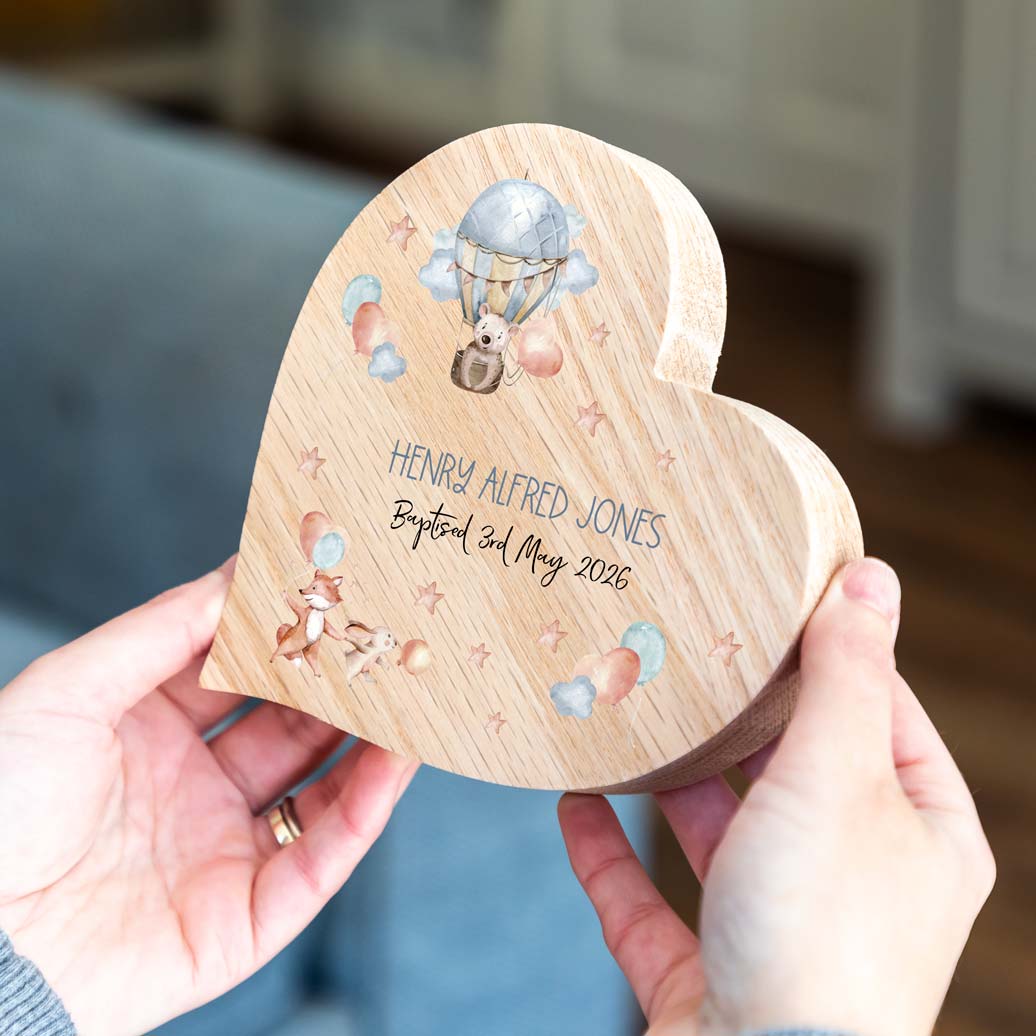 Personalised Oak Heart With Woodland Animals For Christening Baptism Gift