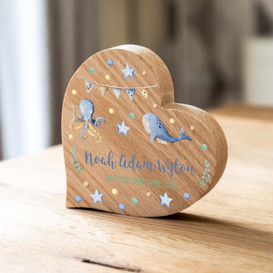 Personalised Oak Heart Under The Sea Christening Baptism Gift