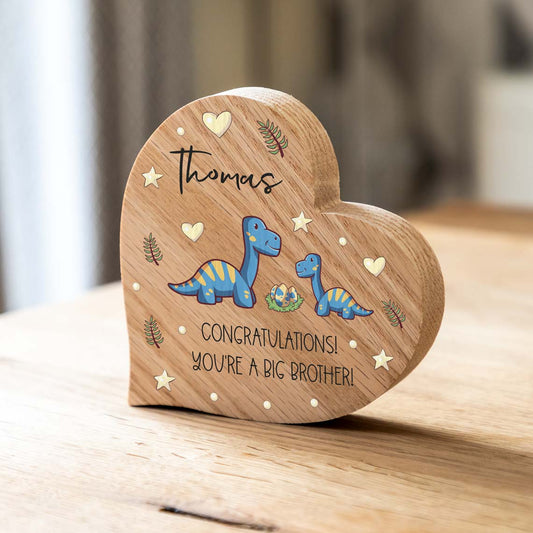 Personalised Oak Heart Dinosaur Congratulations You're A Big Brother Gift
