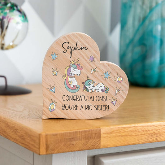 Personalised Oak Heart Unicorn Congratulations You're A Big Sister Gift
