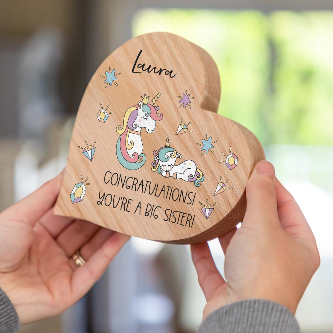 Personalised Oak Heart Unicorn Congratulations You're A Big Sister Gift