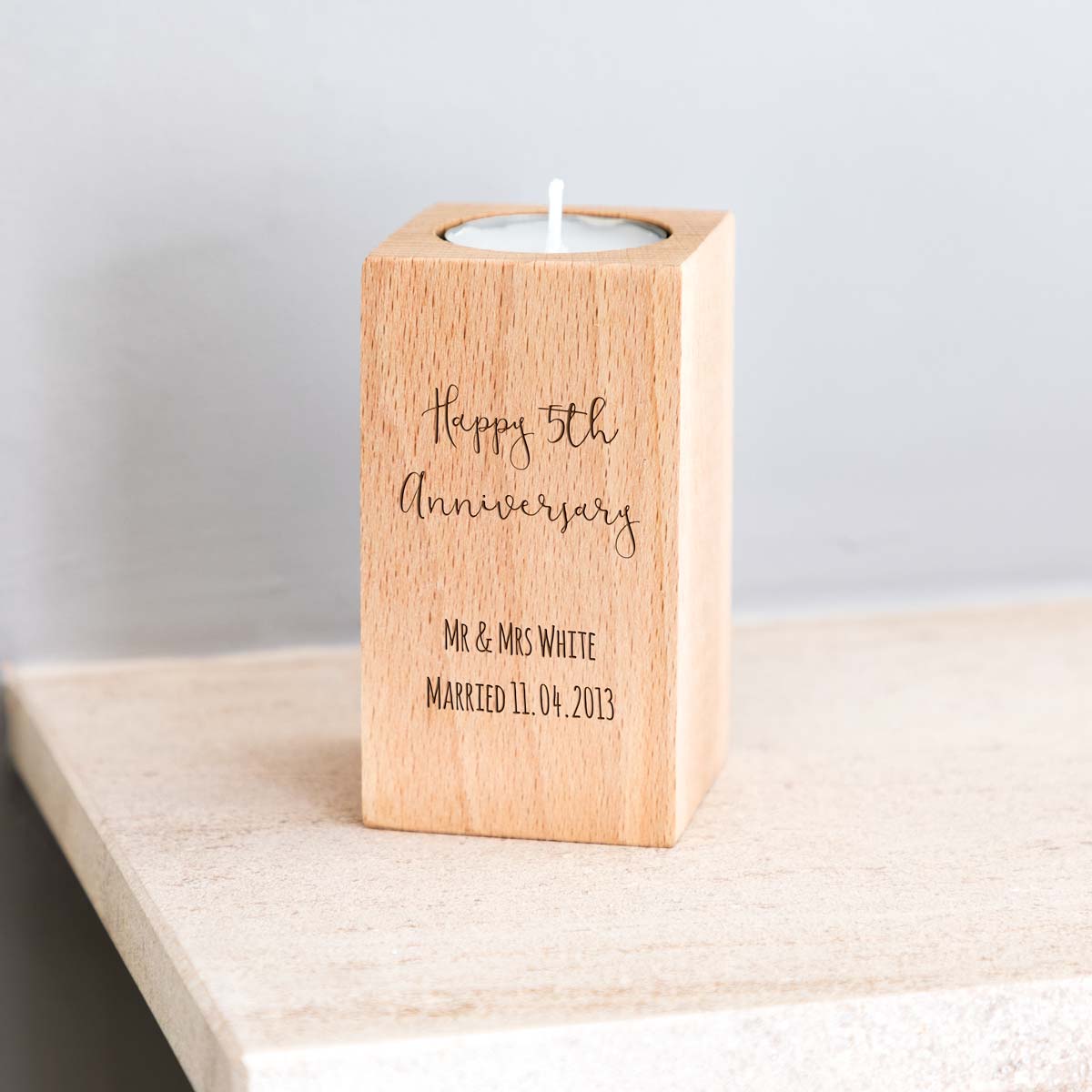 Personalised 5th Anniversary Wood Candle Holder