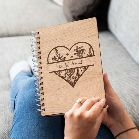 Personalised journal notebook with laser-engraved heart design