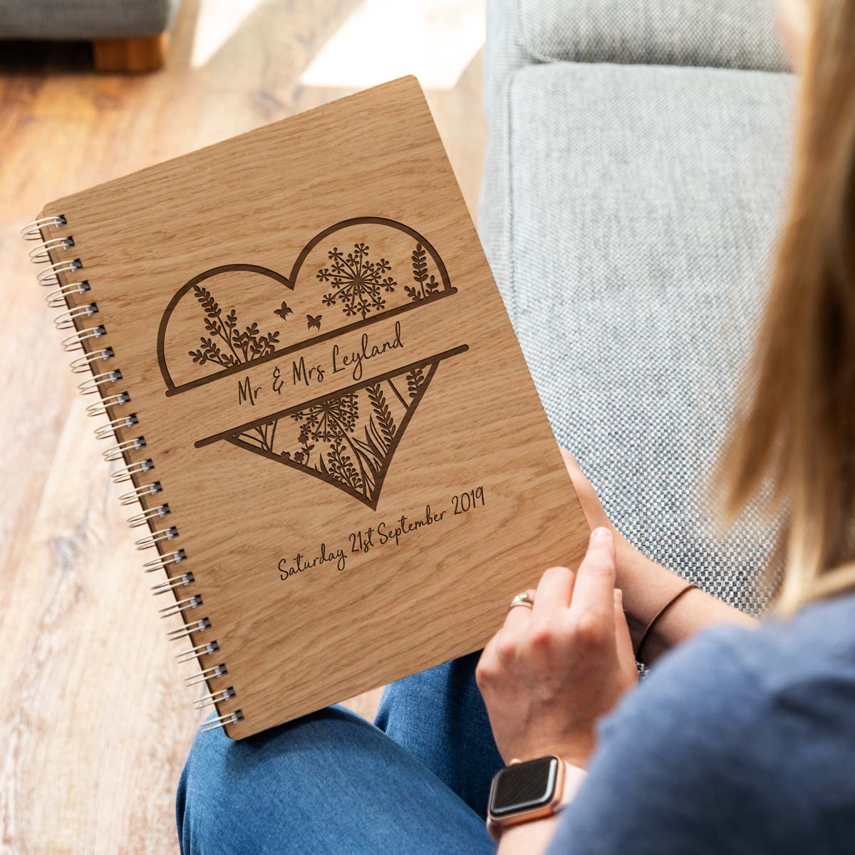 Personalised wedding guest book A4 portrait with laser-engraved heart design