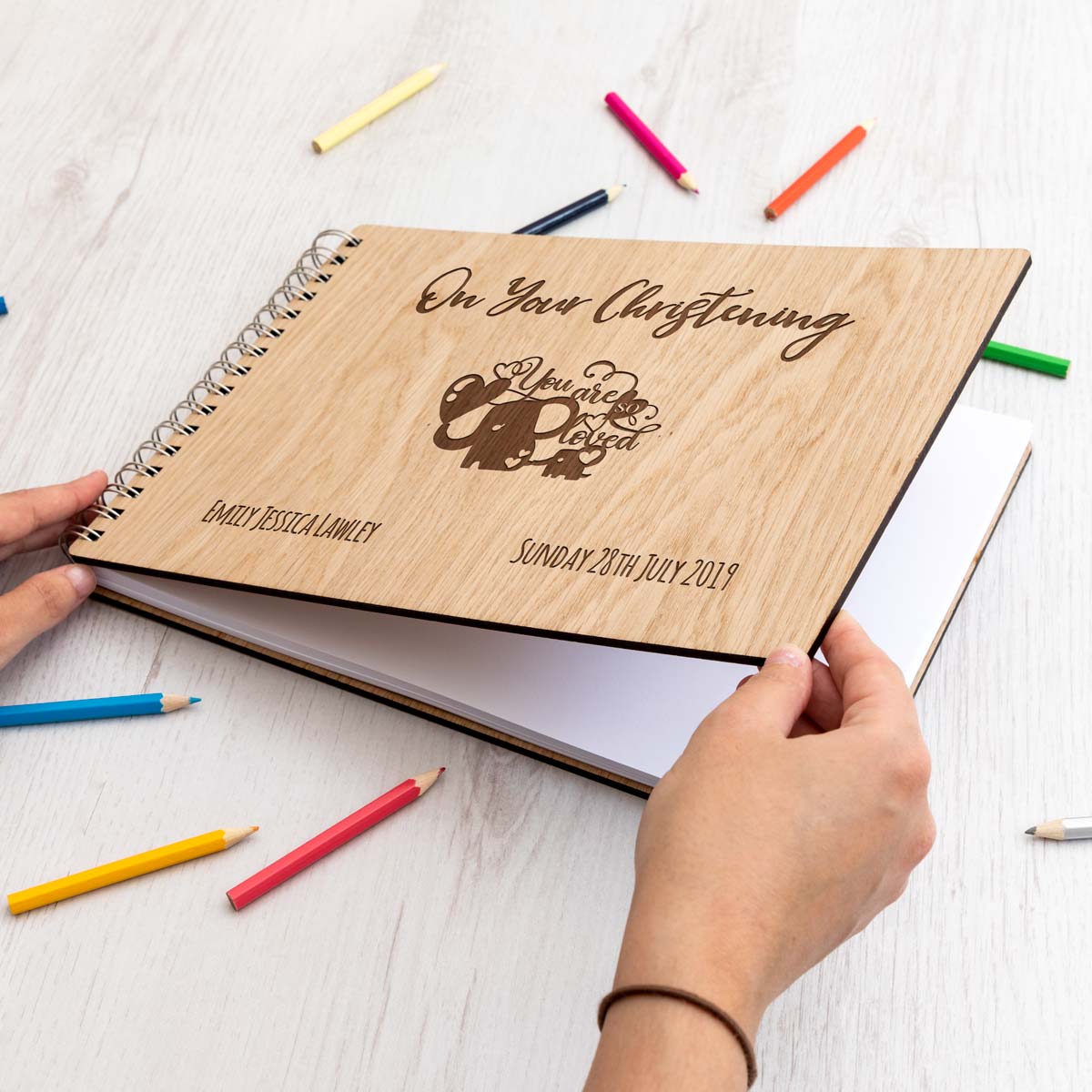 Personalised Christening guest book with laser-engraved elephant design