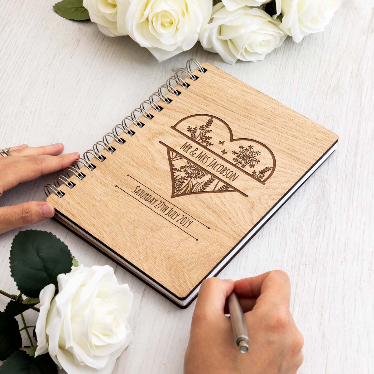 A5 wedding day guest book with laser-engraved personalisation