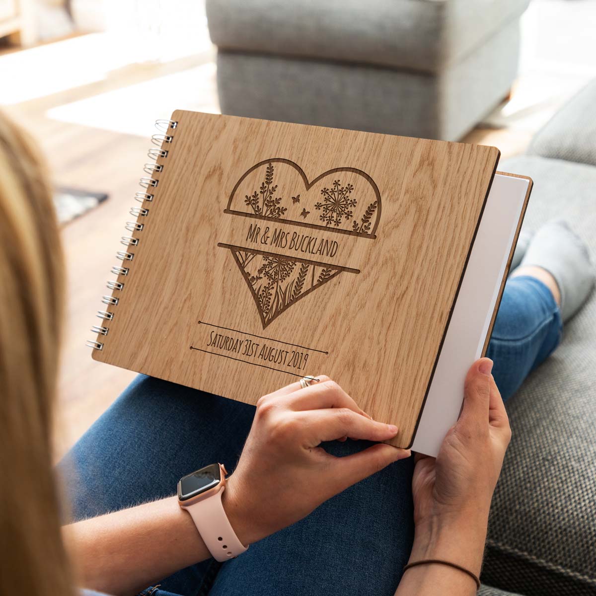 A4 landscape wedding guest book with oak veneer covers