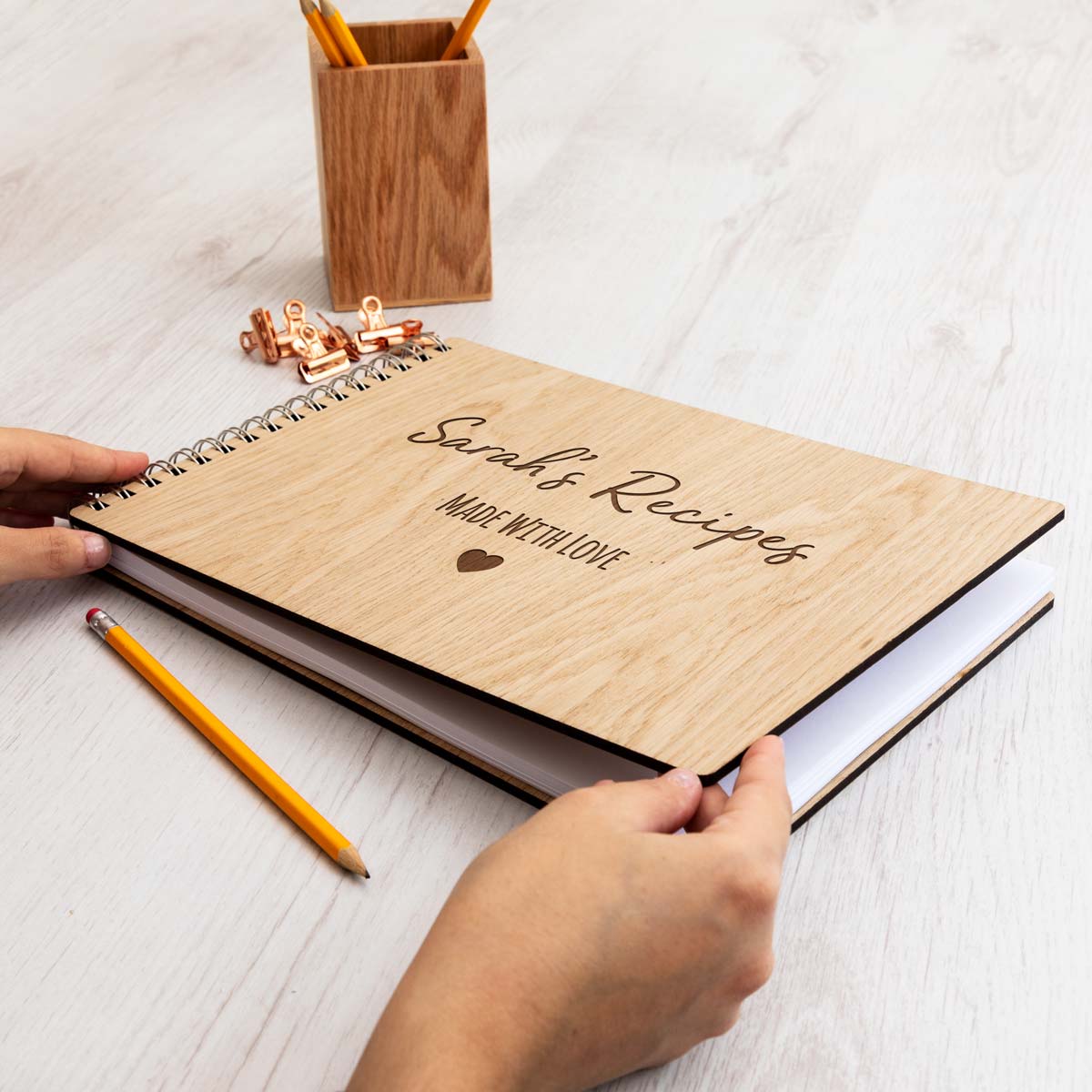 A4 landscape recipe notebook with oak veneer cover