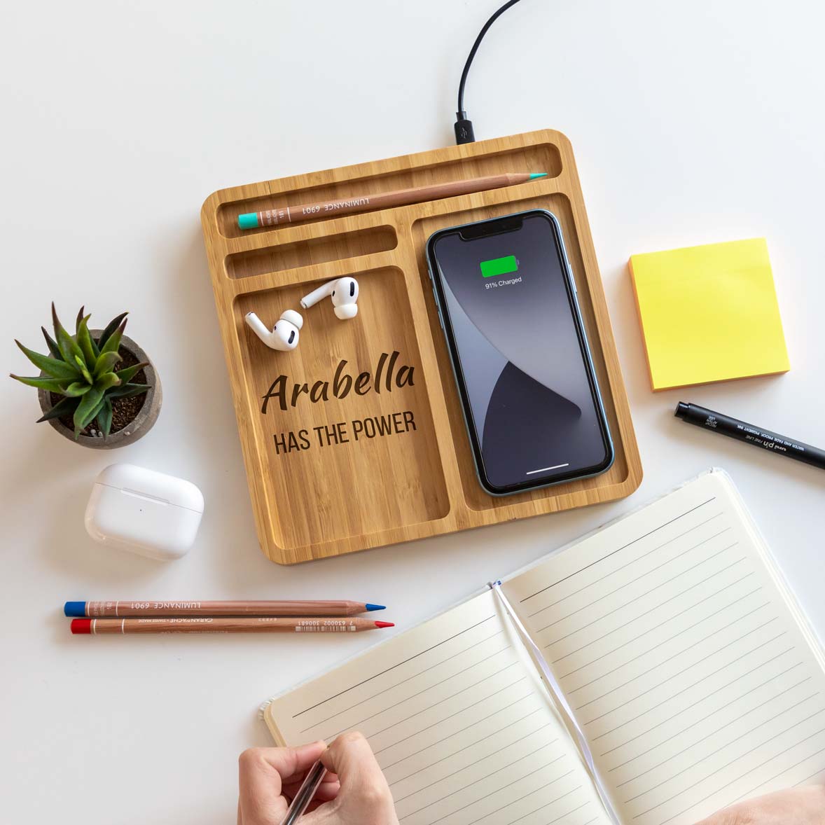 Personalised Has The Power Wireless Charger Desk Tray