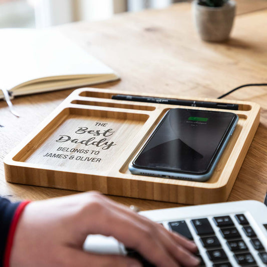 Bamboo wireless charging desk tidy for smartphones and compatible devices