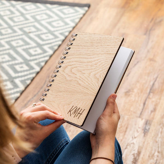 A5 portrait personalised notebook journal laser engraved with a monogram design