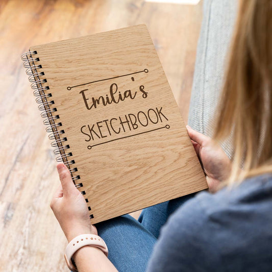 A4 portrait wooden sketchbook with laser-engraved personalisation