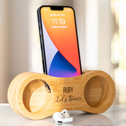 Personalised Phone Amplifier Bamboo Speaker Let's Dance