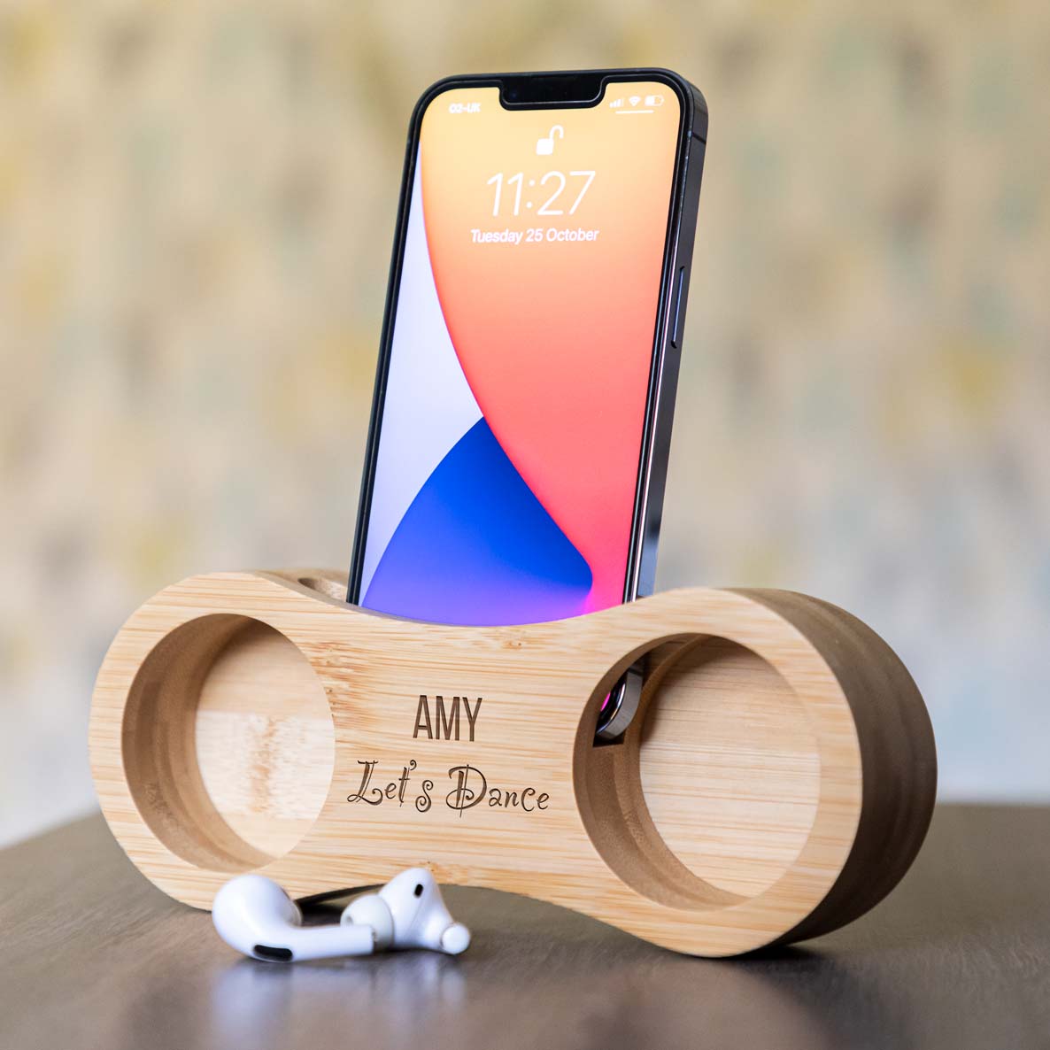 Personalised Phone Amplifier Bamboo Speaker Let's Dance