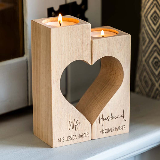 Personalised Husband and Wife Heart Candle Holder Set