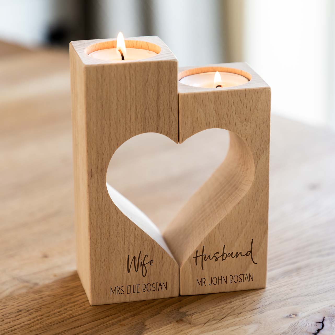 Personalised Husband and Wife Heart Candle Holder Set