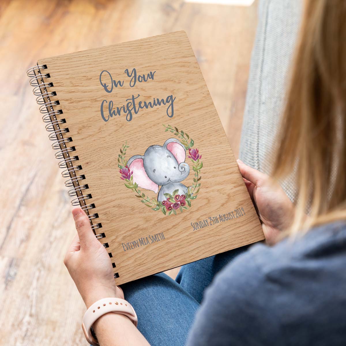 A4 portrait personalised christening guest book with elephant design