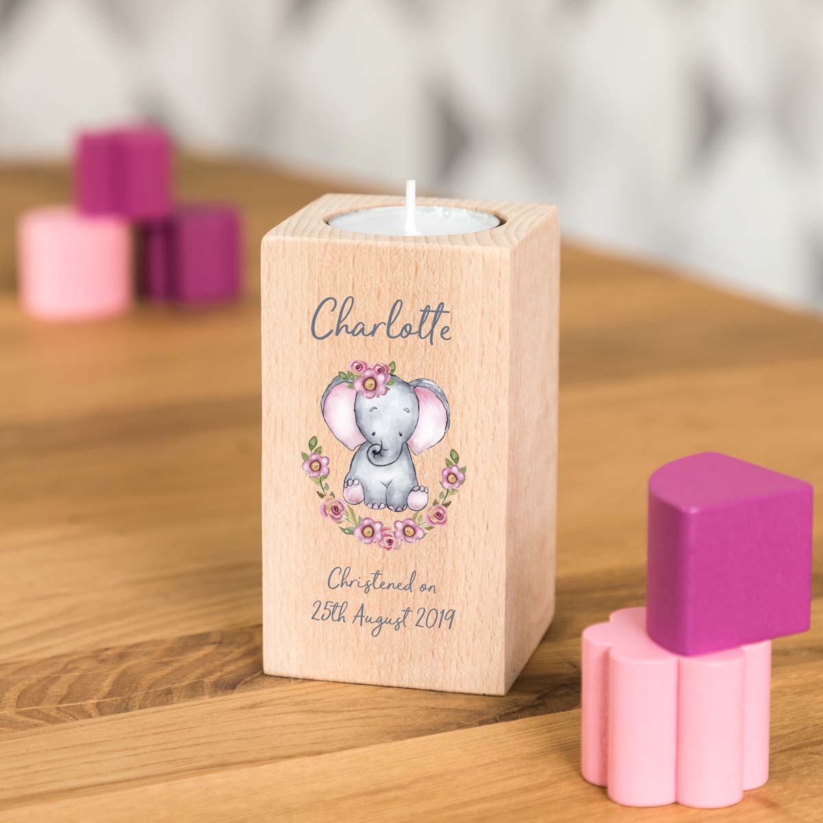 Personalised Elephant Christening Candle Holder – Little Bear Studios