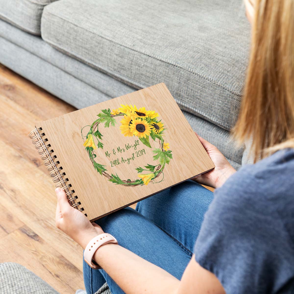 Personalised wedding guest book with sunflower design A4 landscape