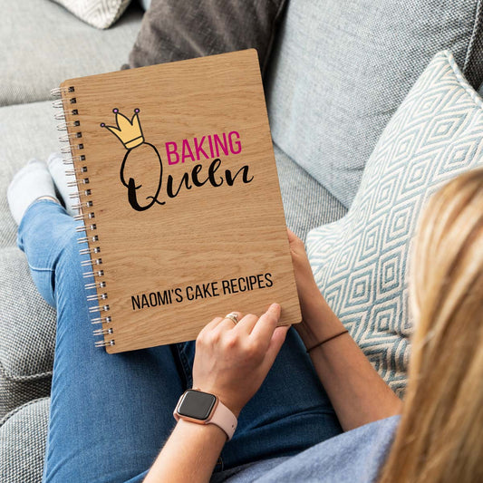 Personalised recipe book with a design that says baking queen