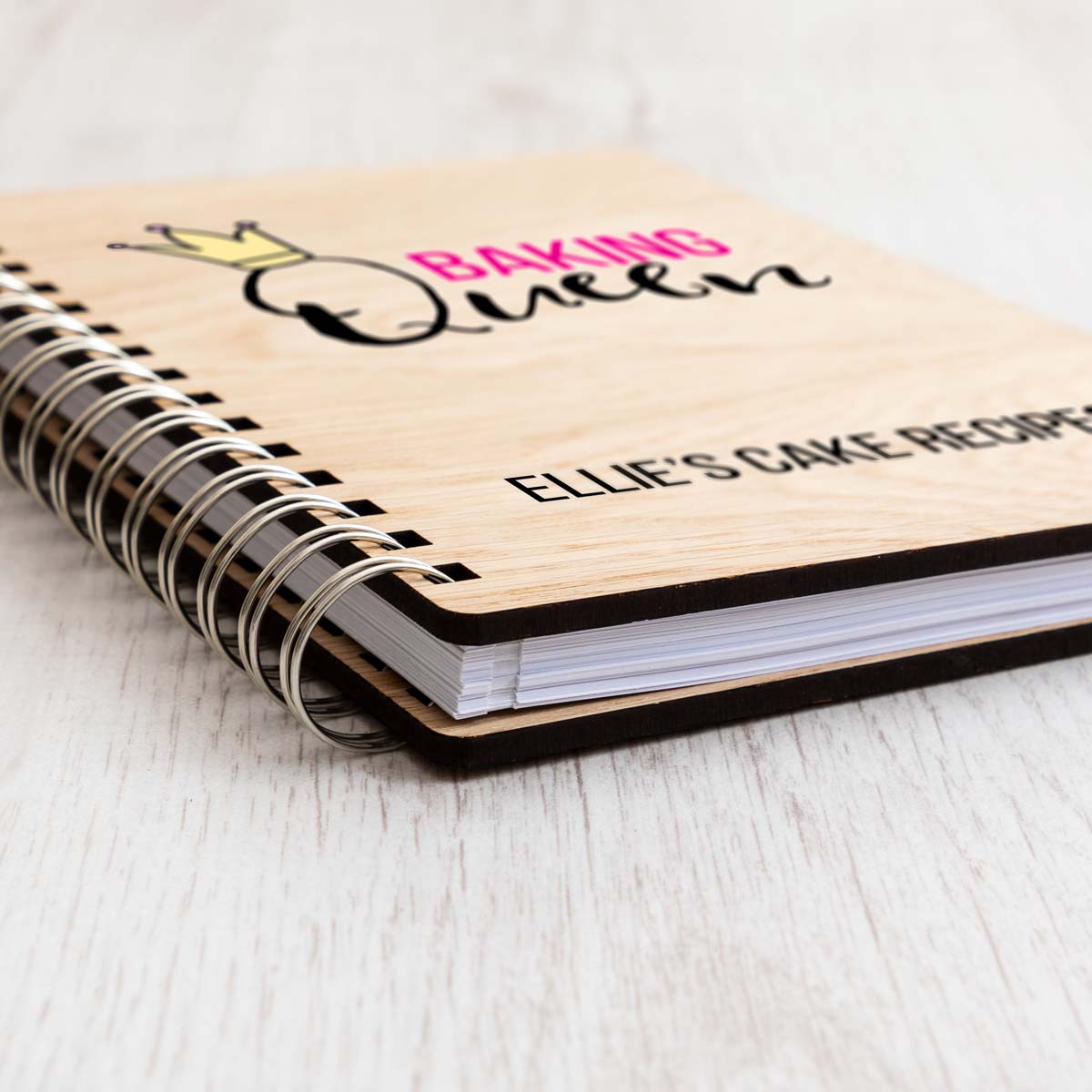 Close up of recipe book with oak veneer covers