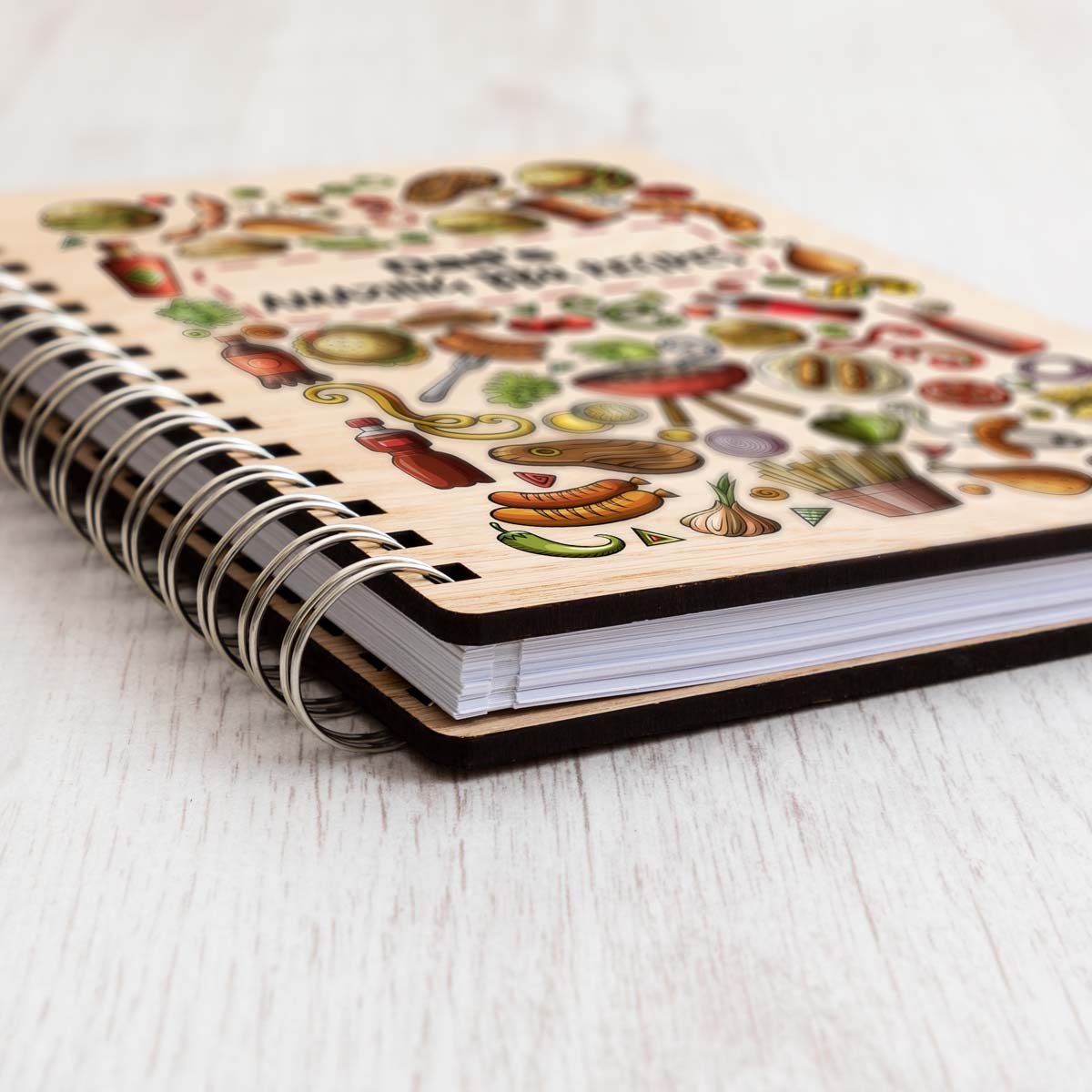 Close up of oak veneer covers of BBQ recipe book