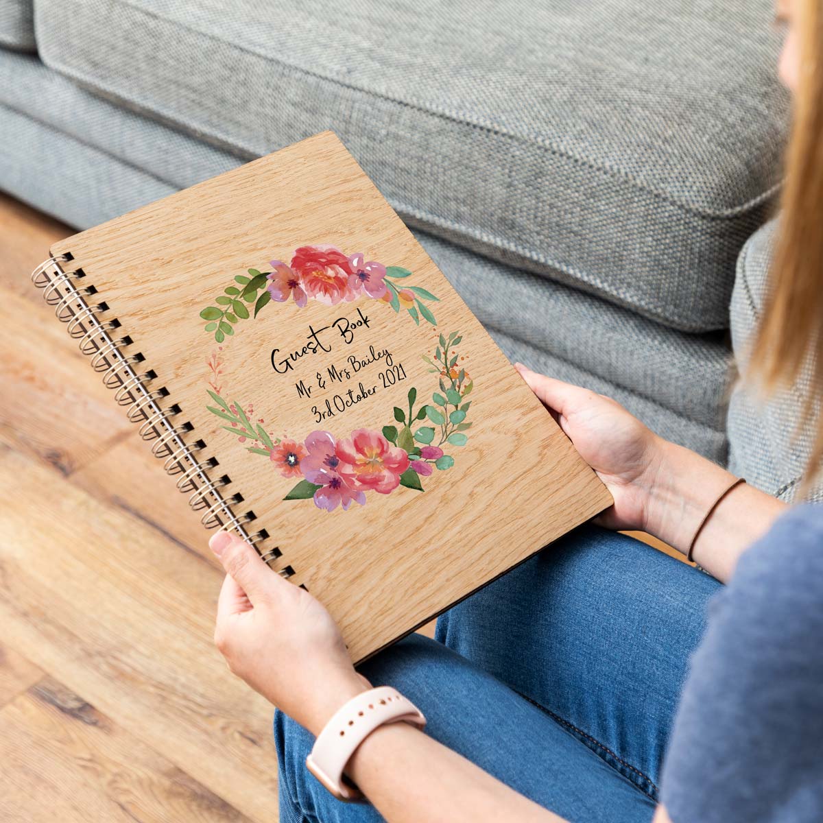 Personalised wedding guest book with flower design