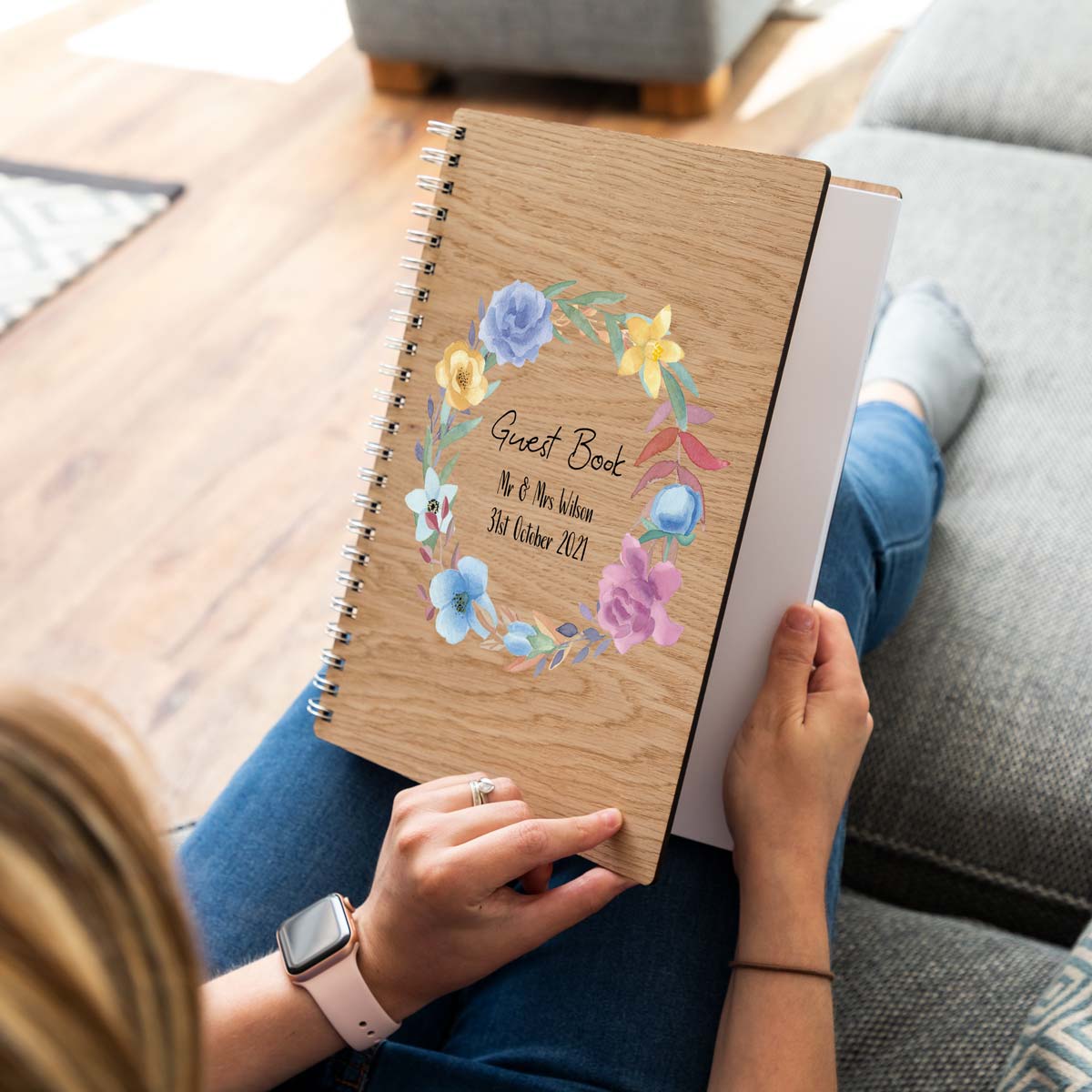 A4 portrait wedding guest book with floral design and personalisation