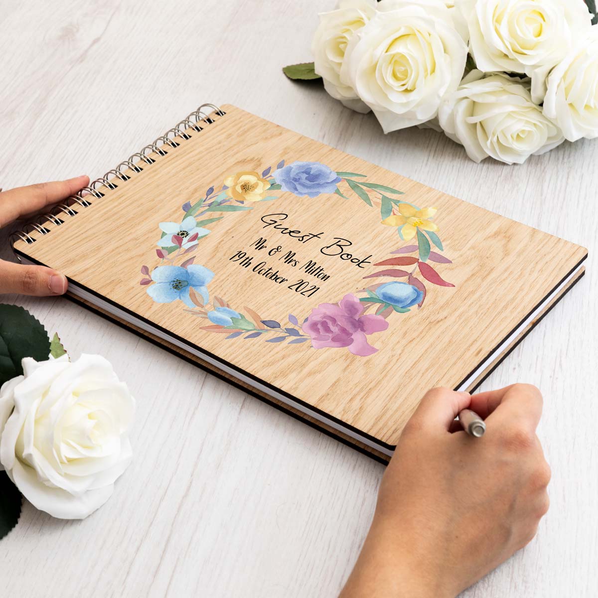 A4 landscape wedding guest book and floral wreath design