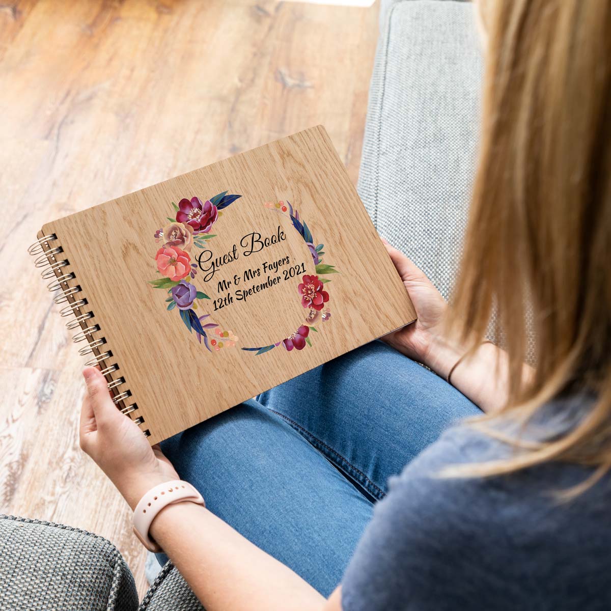 Personalised wedding guest book with floral design A4 landscape