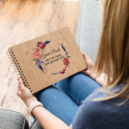 Personalised wedding guest book with floral design A4 landscape