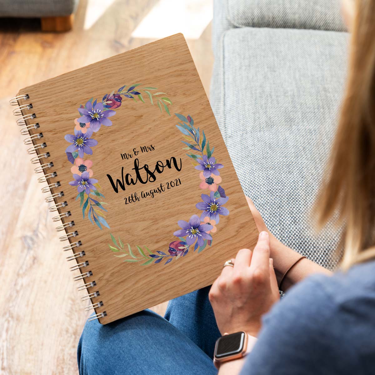 Personalised wedding guest book with a purple flower design A4 portrait