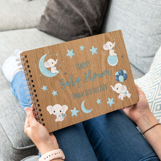 Personalised baby shower guest book with blue elephant design