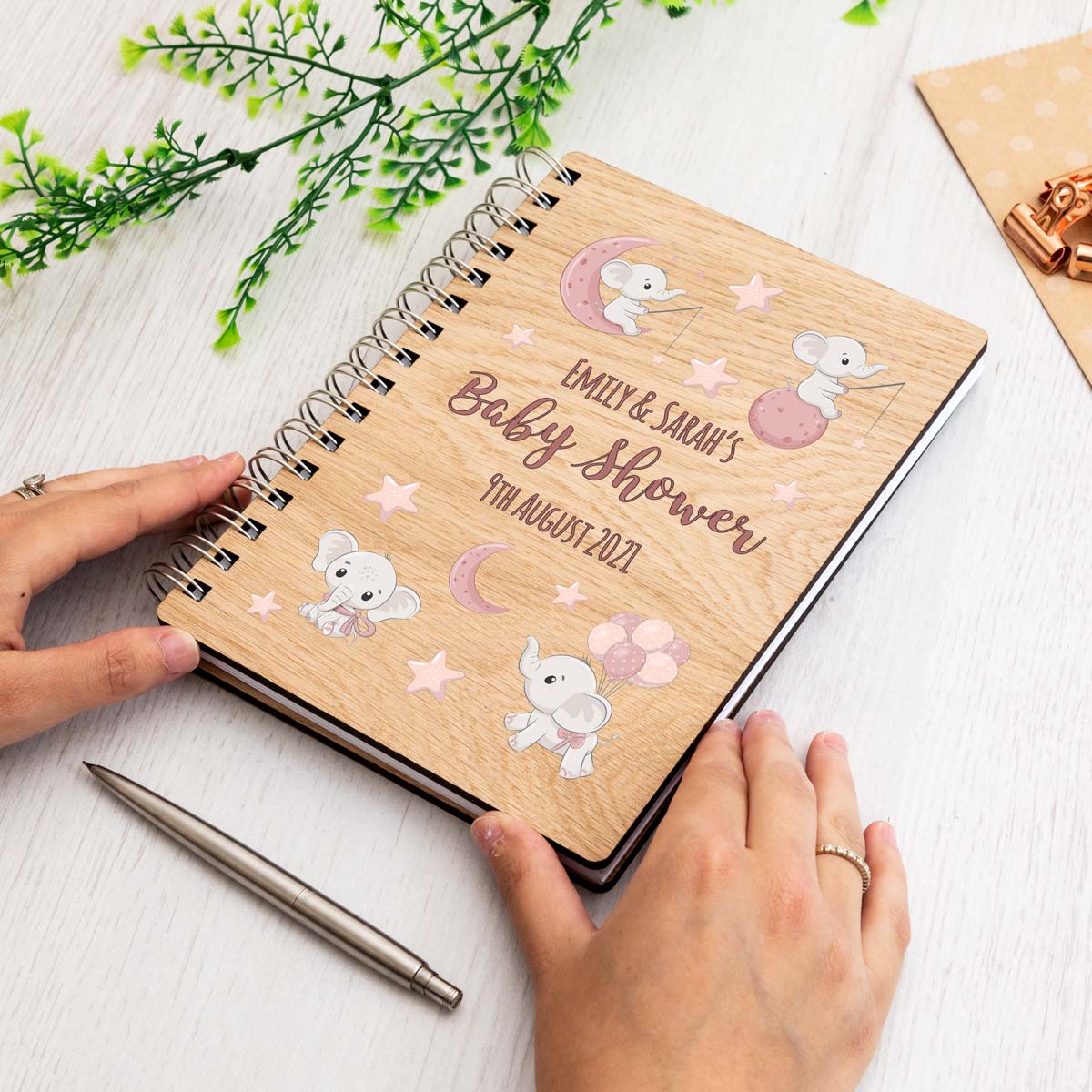 A5 portrait baby shower guest book with pink elephant design