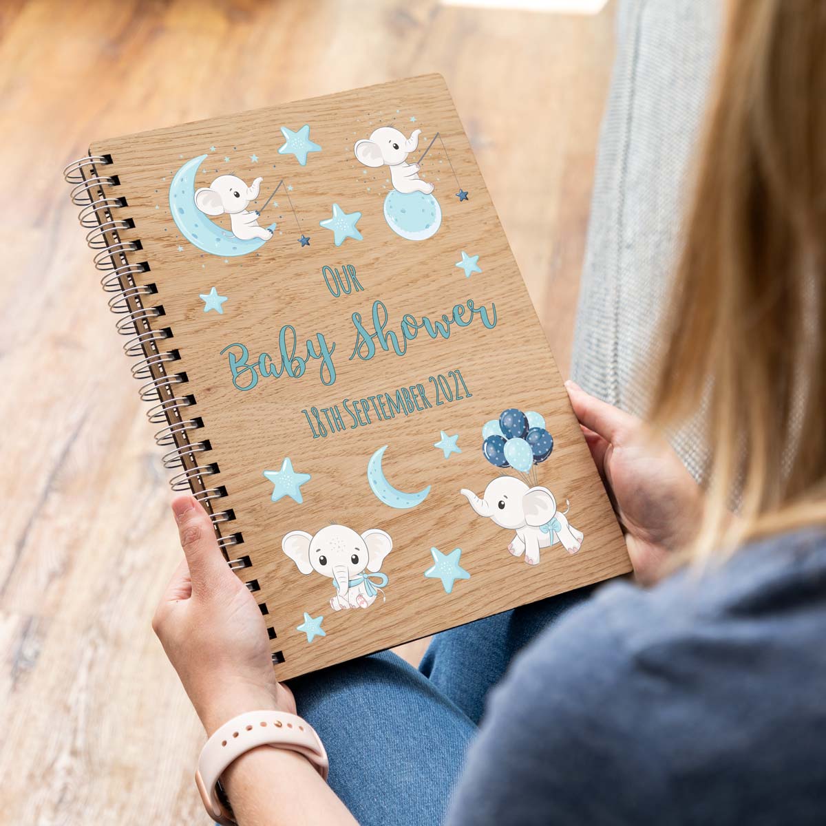 A4 portrait baby shower guest book with blue elephant design