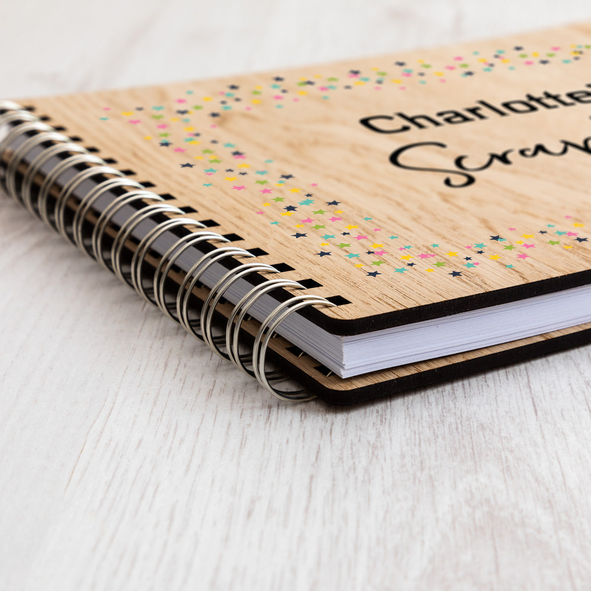 Close up of wooden scrapbook
