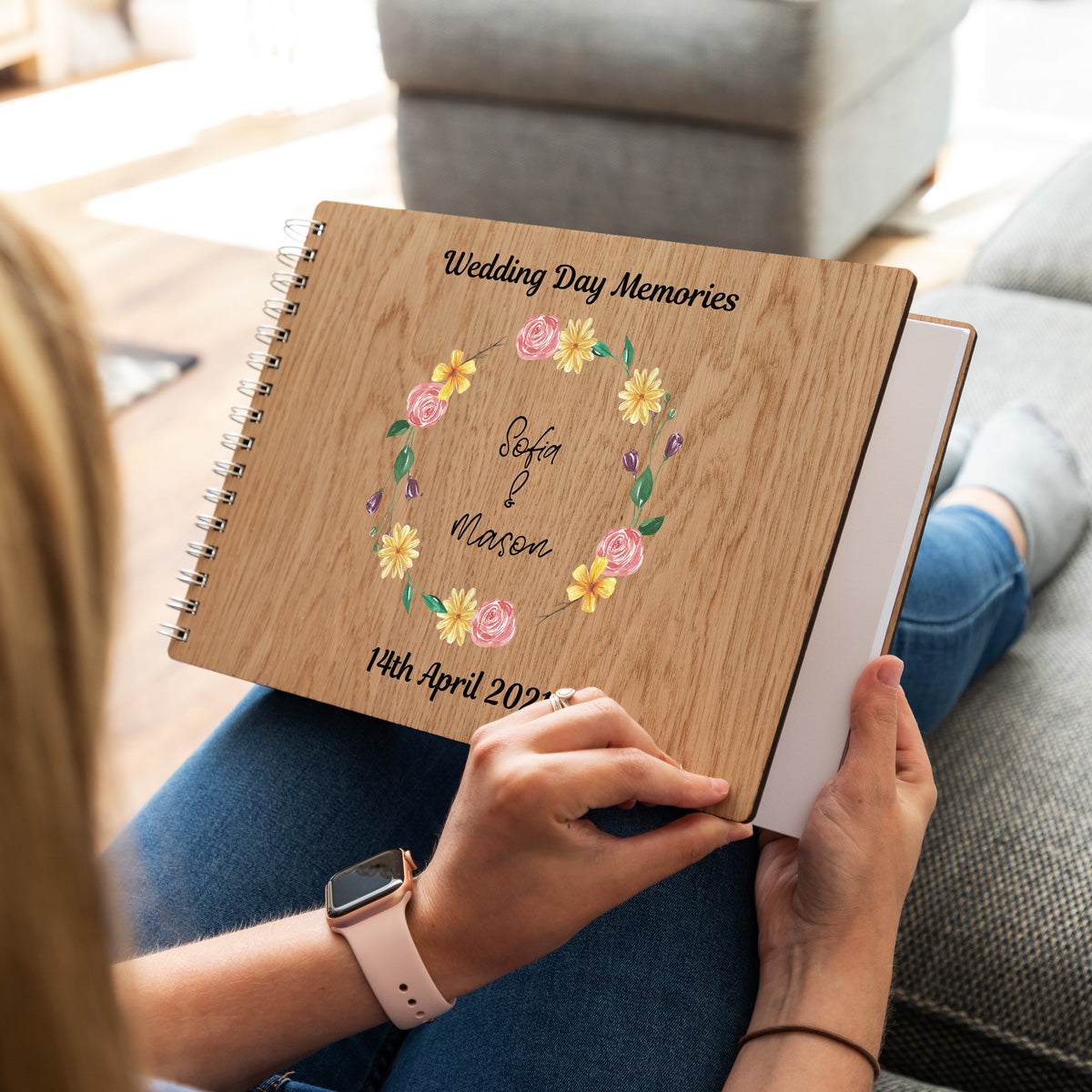A4 landscape wedding day photo album with flower design