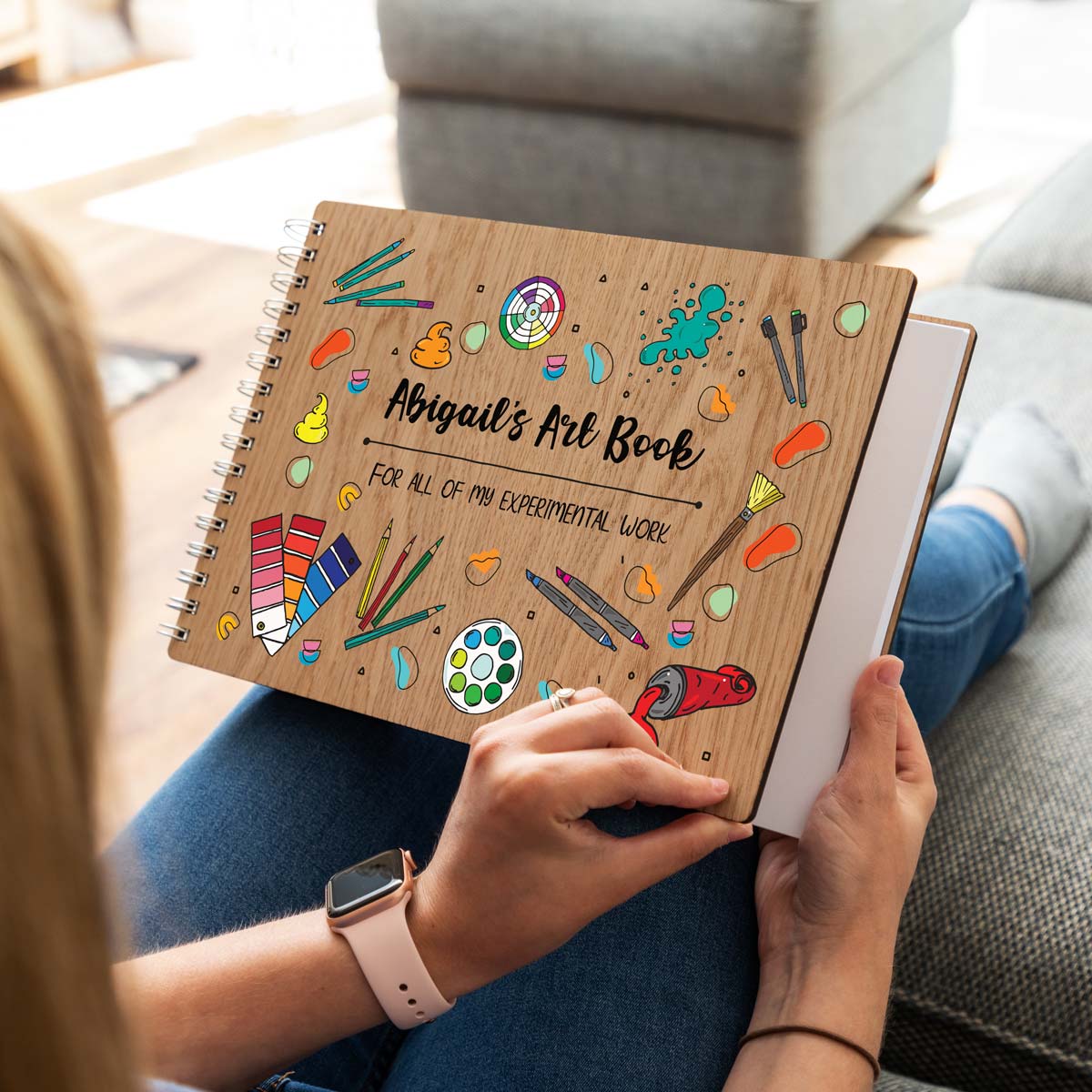 A4 landscape wooden sketchbook with personalisation