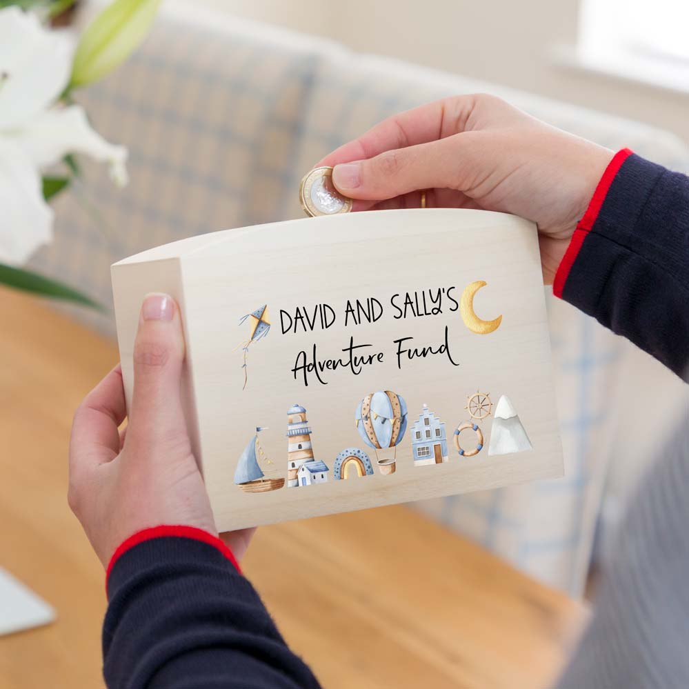 Personalised Adventure Fund Wooden Money Box