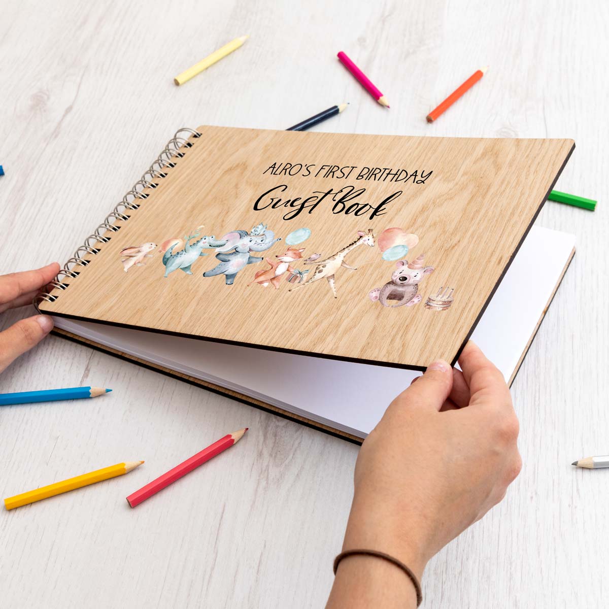 Wooden guest book for first birthday A4 landscape
