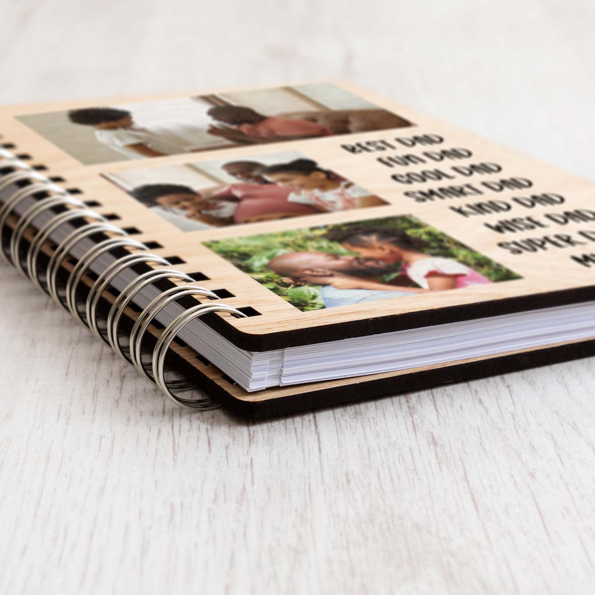 Close up of photo notebook with oak veneer covers