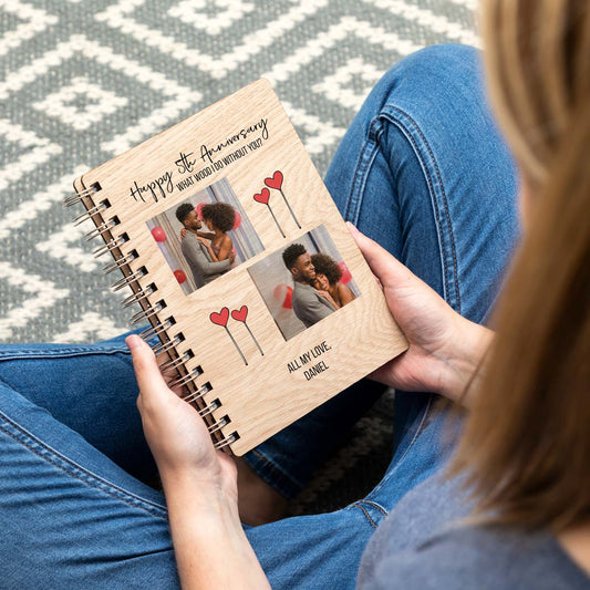 Personalised photo notebook for 5th anniversary gift wood