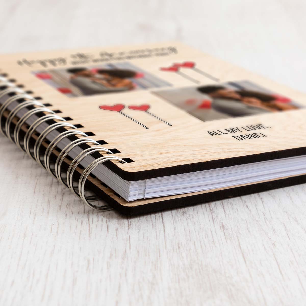 Close up of photo notebook oak veneer covers