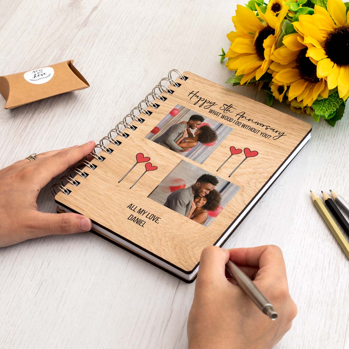 A5 portrait photo notebook with personalised message and photos