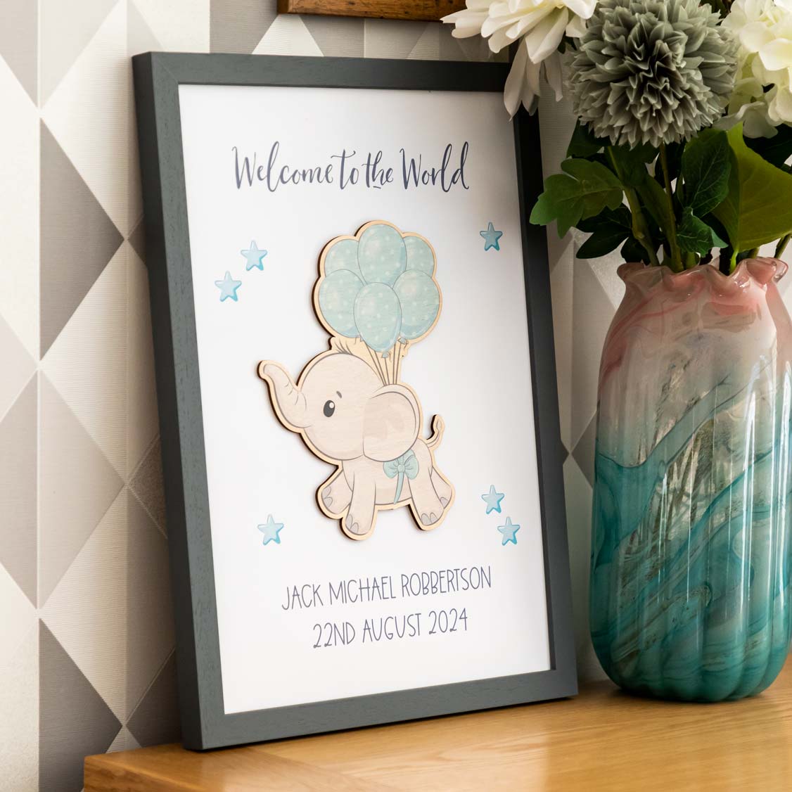 Personalised Elephant Framed Print New Baby Gift