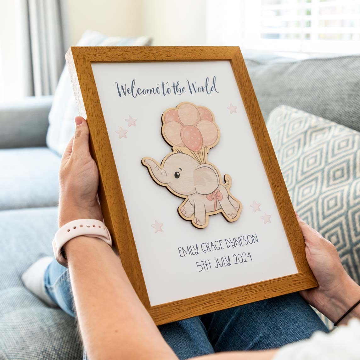 Personalised Elephant Framed Print New Baby Gift