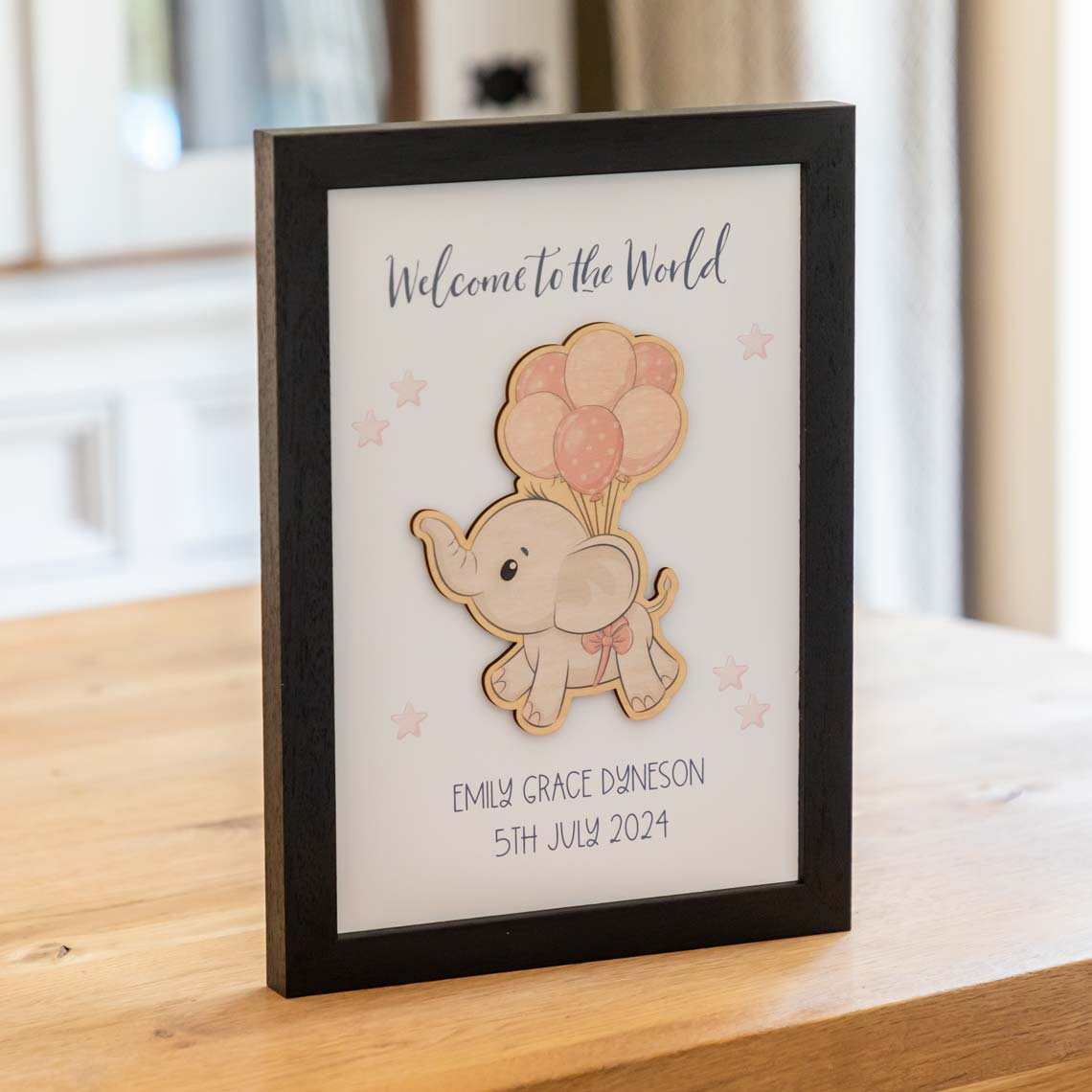 Personalised Elephant Framed Print New Baby Gift